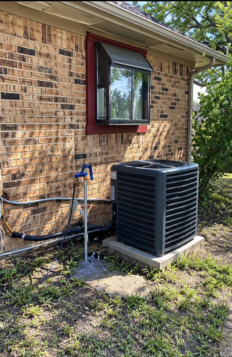 New outdoor AC unit on a fresh pad beside a brick home